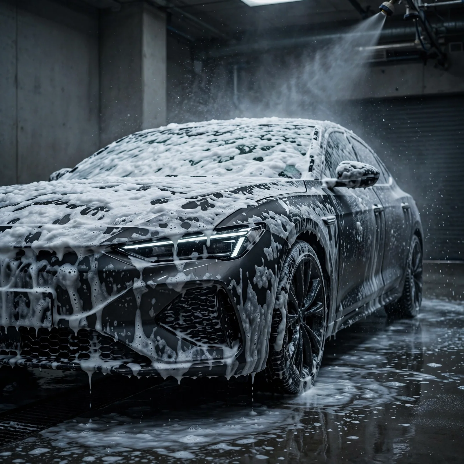 Imagem ilustrativa de carro escuro coberto de espuma em uma baia de lavagem